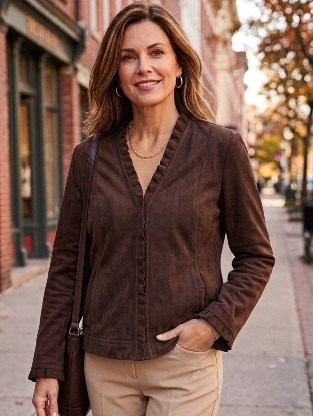 Chico's Faux Suede Chocolate Brown Ruffle Trim Jacket Blazer Size Med